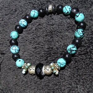 Vintage Hand Craft Turquoise n' Black Bead Bracelet